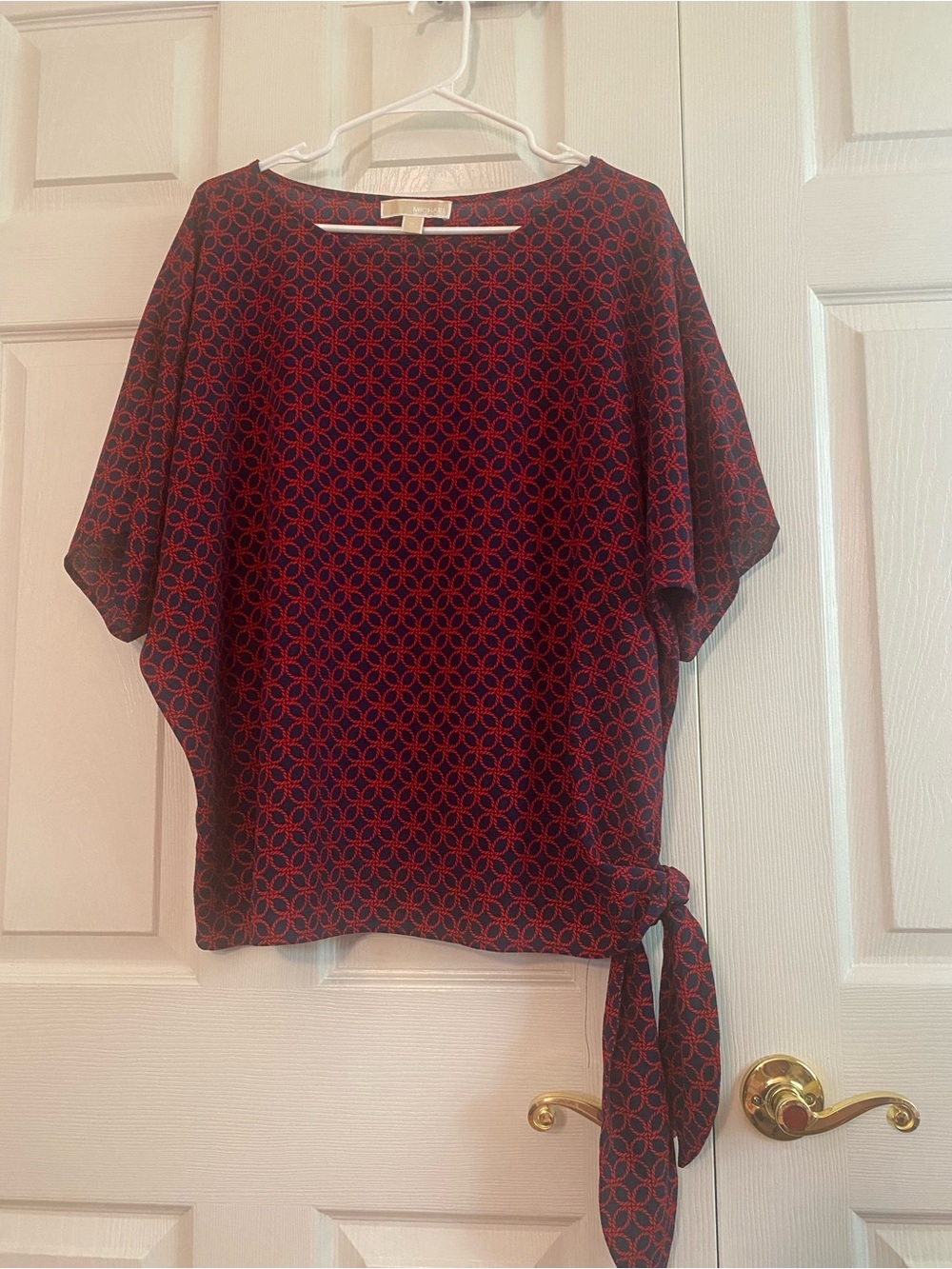 Michael Kors Red and Black Geometric Short Sleeve Blouse with Side Tie